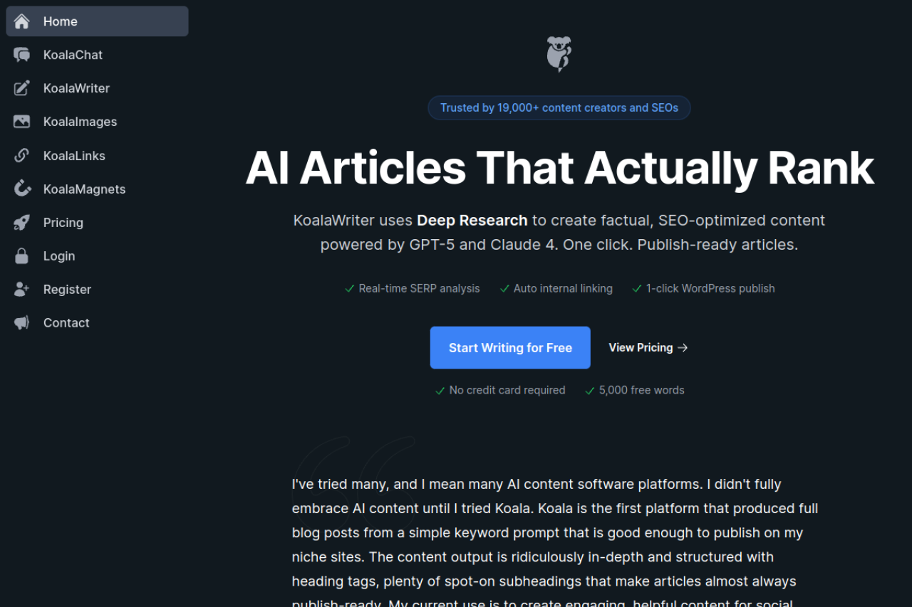 Koala Writer homepage — an AI writing platform focused on SEO content and Amazon reviews