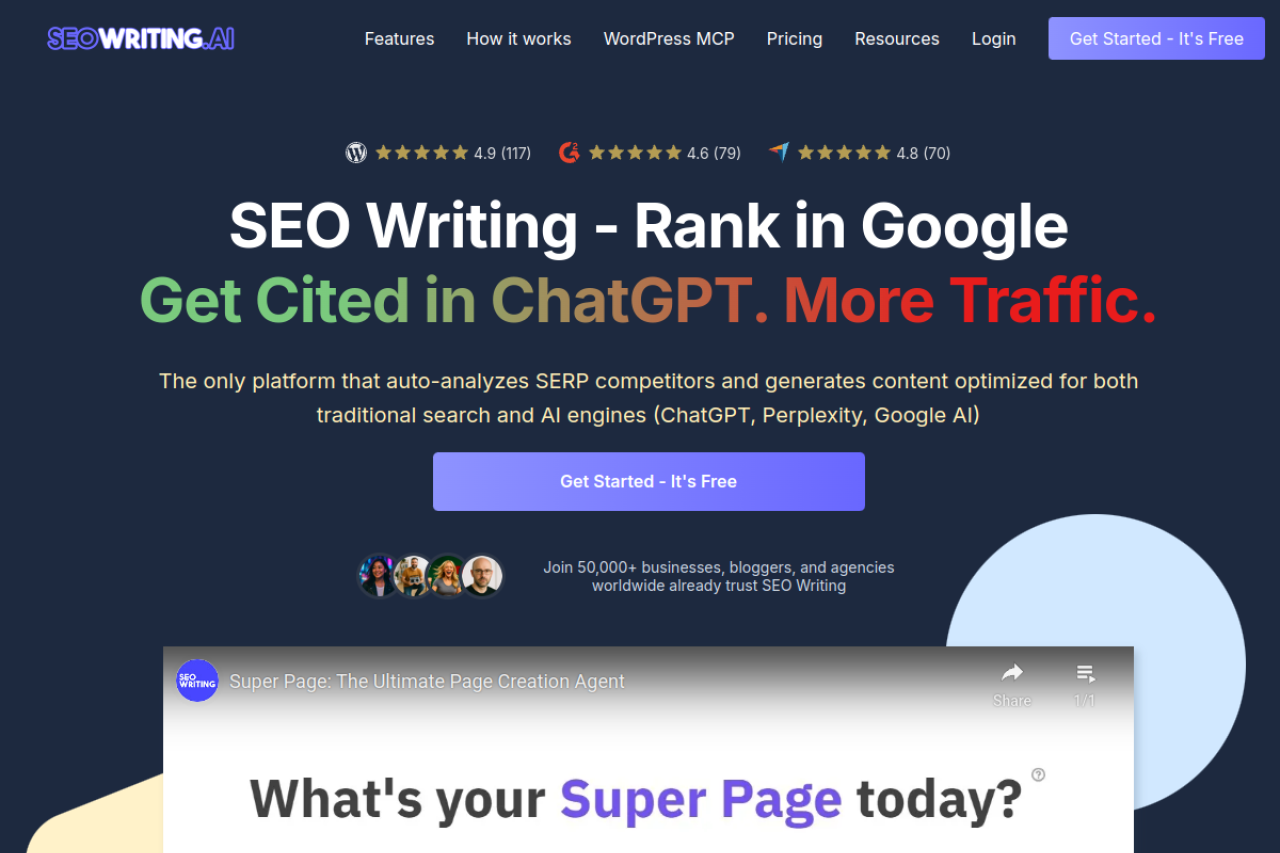 SEO Writing AI Homepage — the main interface for generating SEO-optimized articles